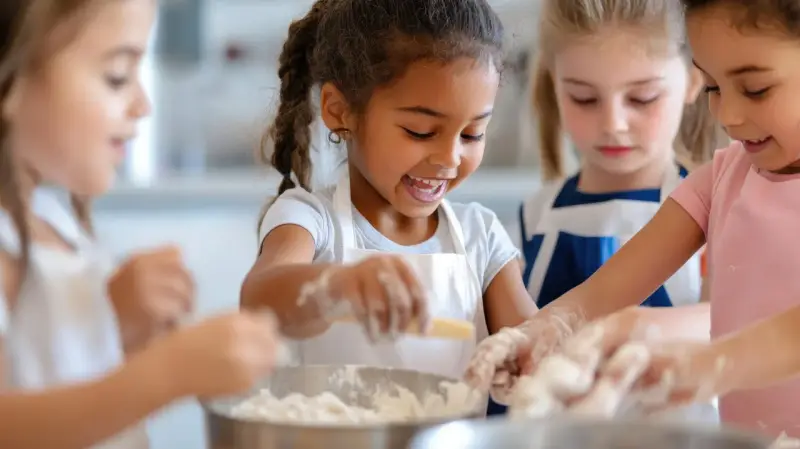 Des enfants joyeux préparent une recette dans des tabliers, les mains couvertes de farine.