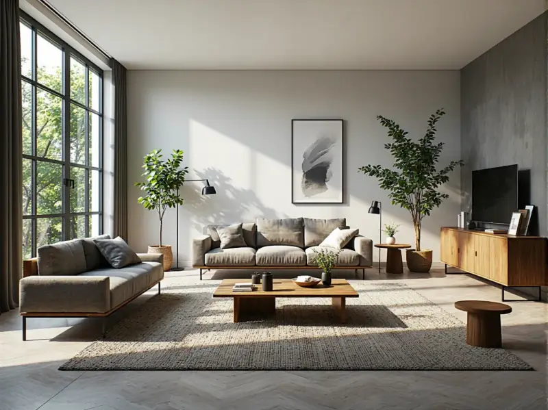 Nowoczesny salon z szarymi sofami, drewnianym stolikiem i dywanem. Inspiracja dla miłośników **upcyklingu** i ekologicznego designu.