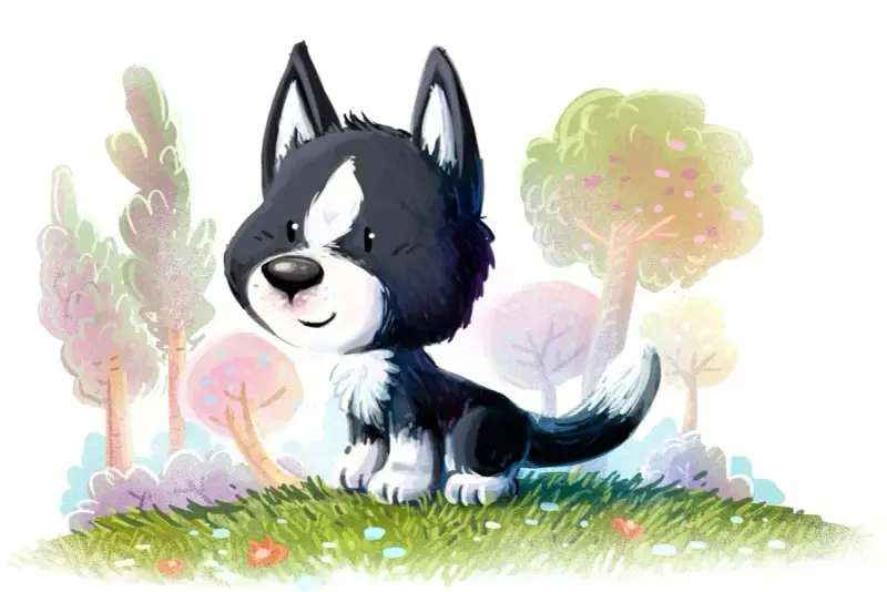 Uroczy szczeniak rasy border collie siedzi na trawie wśród kolorowych drzew. Wesołego 26 sierpnia dnia psa!