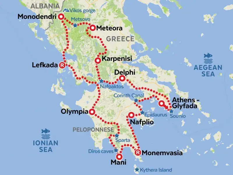 Trasa podróży samochodem do Grecji: od Albanii przez Meteory, Delfy, Ateny, Peloponez (Sparta, Mani) i powrót.