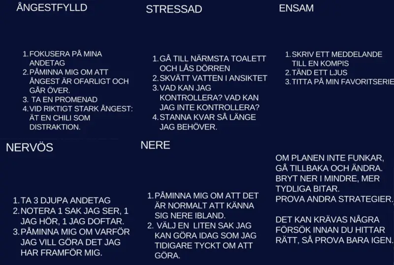 Textlistor med strategier för ångest, stress, ensamhet och nervositet. En strategi för stark ilska är att äta en chili som distraktion.