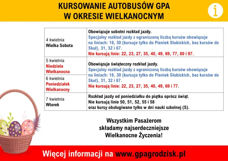 Rozkład jazdy PKS Grodzisk Mazowiecki na okres Wielkanocy. Specjalne kursy i wyłączenia linii.