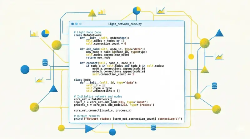 Ein Softwareentwickler schreibt Python-Code für ein Netzwerk. Diagramme und Datenknoten sind um den Code herum angeordnet.