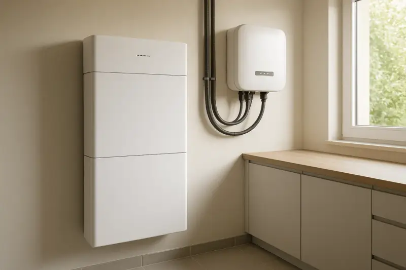 Nowoczesny magazyn energii do domu, biały, modułowy, zamontowany na ścianie obok falownika.