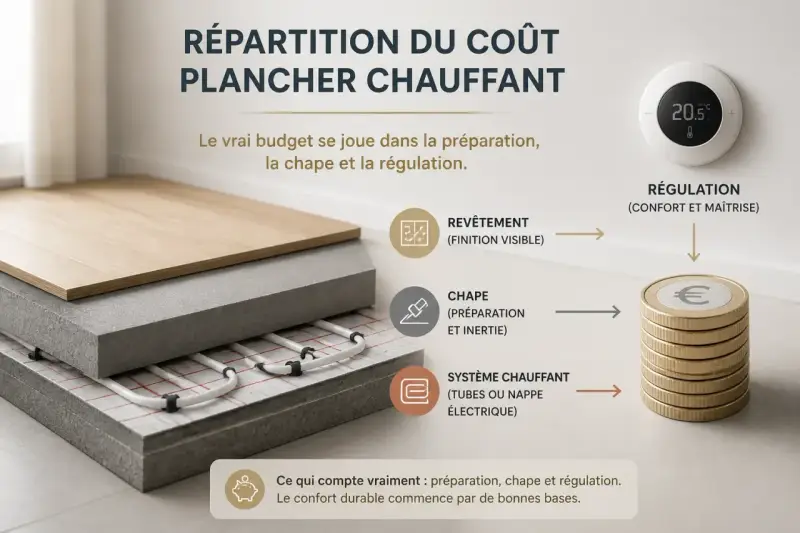 Coupe d'un plancher chauffant montrant la chape, essentielle pour l'inertie et la préparation. Le coût se joue ici.