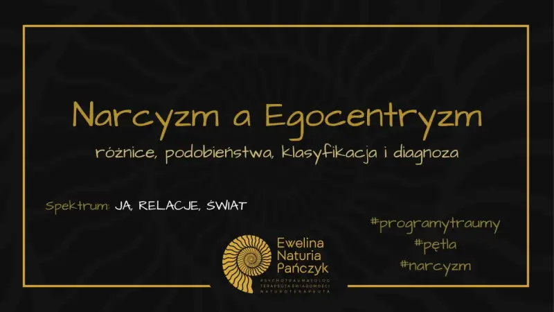 Grafika o tytule "Narcyzm a Egocentryzm" omawia różnice, podobieństwa, klasyfikację i diagnozę. Spektrum: JA, RELACJE, ŚWIAT. #narcyzm.