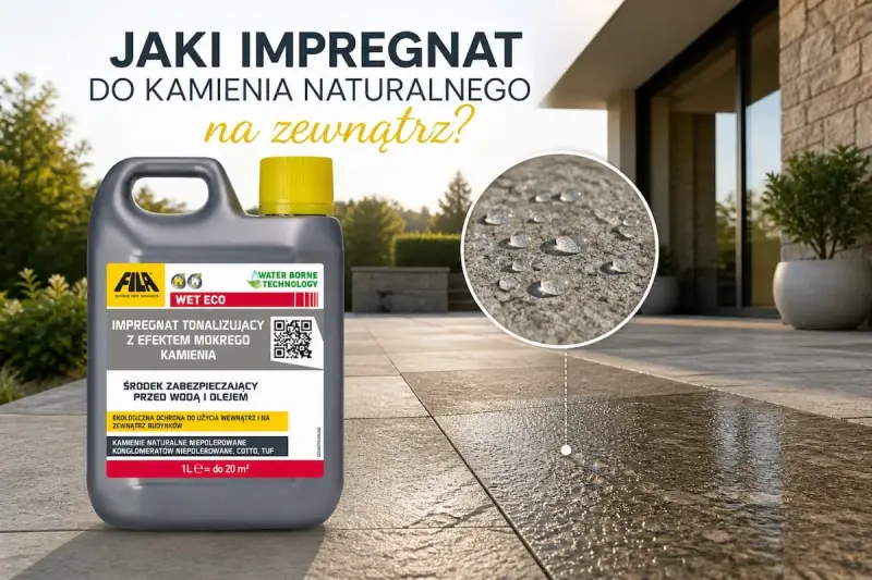 Butelka impregnatu do kamienia naturalnego na zewnątrz. Kropelki wody na kamieniu pokazują efekt hydrofobowy.