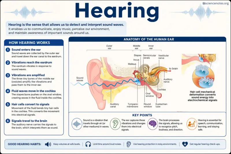 Le son est une vibration qui voyage dans l'air. L'image explique qu'est ce que le son et comment l'oreille le capte et le transmet au cerveau.