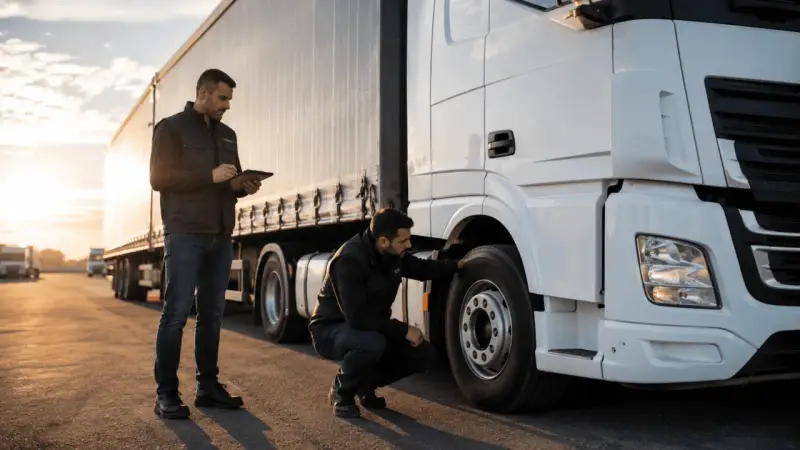 Deux hommes inspectent un camion blanc, l'un vérifiant la roue, l'autre tenant une tablette. Le transport moteur hors bord sur remorque est prêt pour la route.