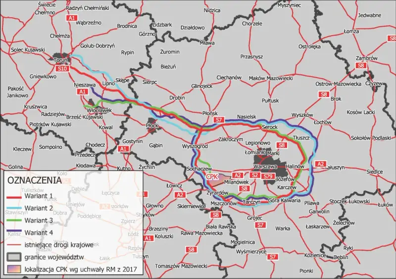 Mapa pokazuje warianty dróg z Warszawy do Szczecina. Odległość z Warszawy do Szczecina to ok. 400 km.