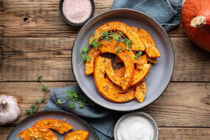 Fette di zucca in agrodolce in padella, condite con erbe aromatiche e servite su un piatto grigio, con contorno di aglio e sale rosa.