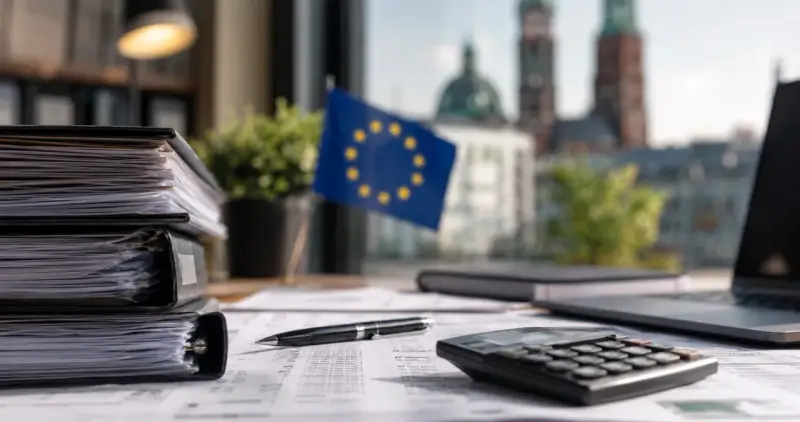 Biurko z dokumentami, kalkulatorem, flagą UE i widokiem na niemieckie miasto. Rozliczenia, księgowość, vat niemcy.