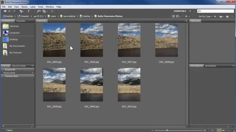 Vista previa de fotos de paisajes en Photoshop. Se aprecian varias imágenes de cañones y cielos nublados, listas para ser editadas en un proyecto de panoramica photoshop.