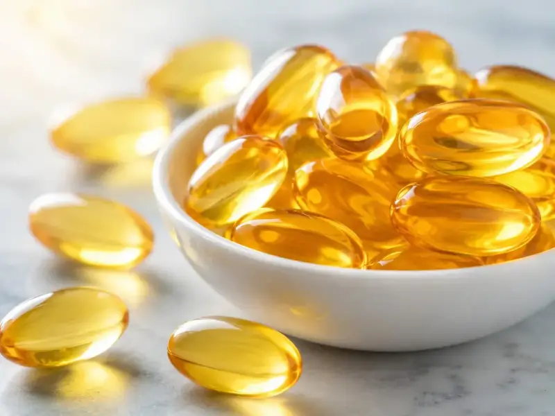Capsule dorate piene di olio, che ricordano le proprietà omega 3, in una ciotola bianca e sparse sul piano.