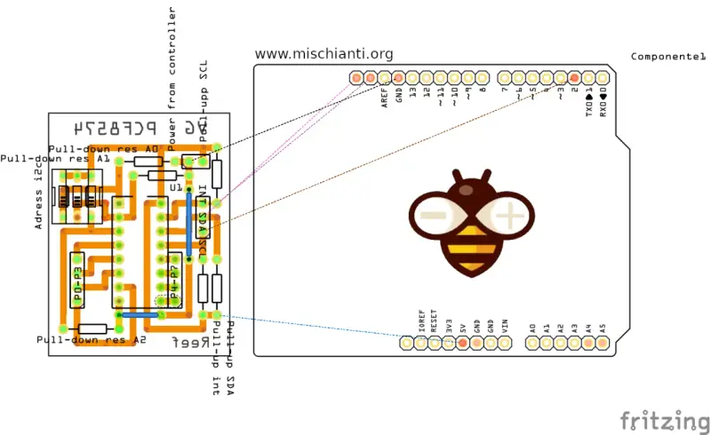 Schema di collegamento Fritzing Arduino con componenti per comunicazione I2C, inclusi resistori pull-up e pull-down.