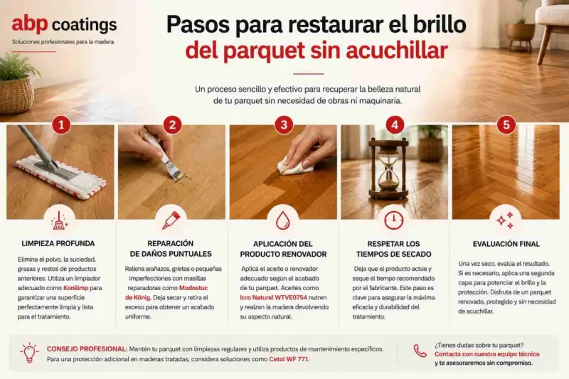Pasos para restaurar el brillo del parquet sin acuchillar: limpieza, reparación, aplicación de renovador, secado y evaluación final.