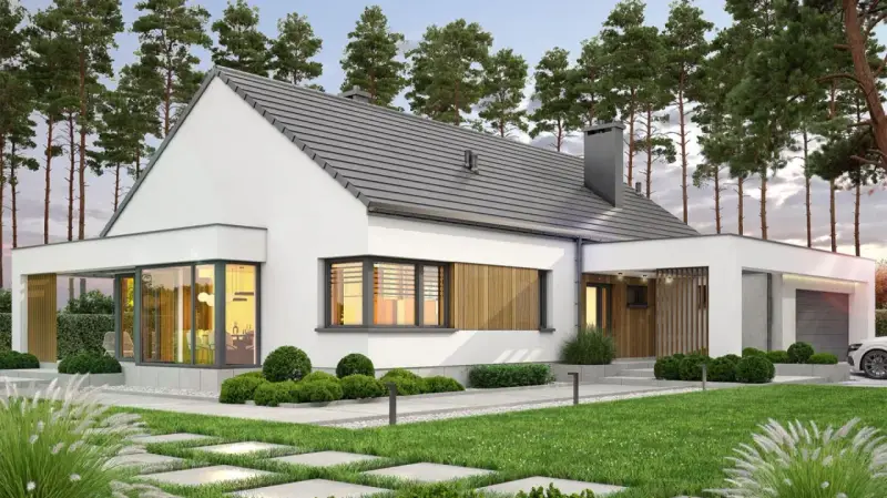 Nowoczesne domy parterowe do 120m2. Biały, minimalistyczny budynek z dużymi oknami i drewnianymi elementami, otoczony zielenią.
