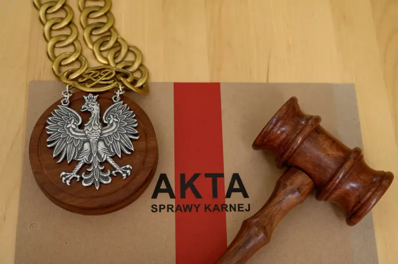 Na brązowej teczce z napisem "AKTA SPRAWY KARNEJ" leży drewniany młotek sędziowski i medalion z orłem RP.