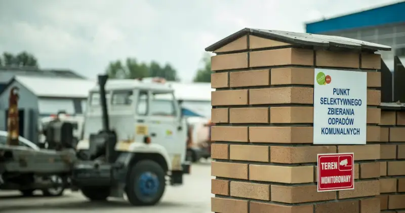 Tablica informuje, co to jest pszok – punkt selektywnego zbierania odpadów komunalnych. W tle widać ciężarówki.