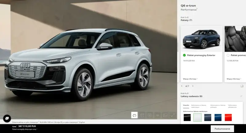 Audi Q6 e-tron cena: 387 510,00 PLN. Konfiguracja obejmuje pakiet promocyjny Exterior.