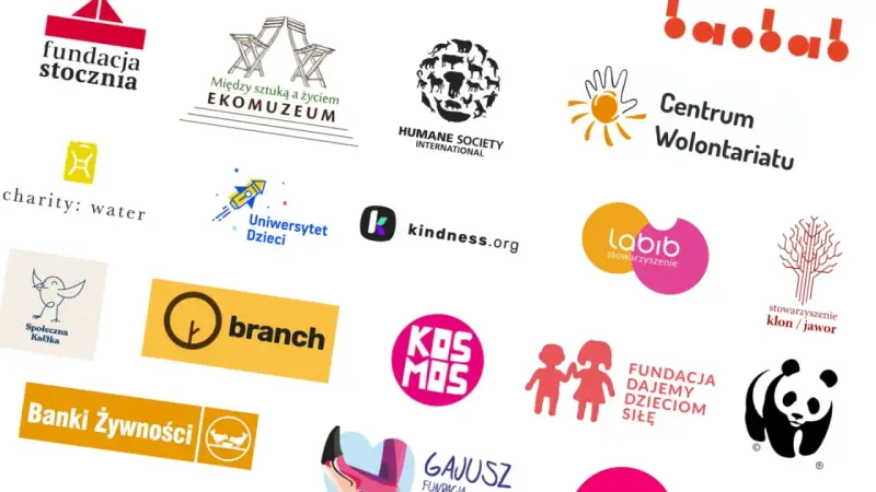 Zbiór różnorodnych logotypów organizacji pozarządowych i charytatywnych, m.in. Fundacja Stocznia, Centrum Wolontariatu, WWF.