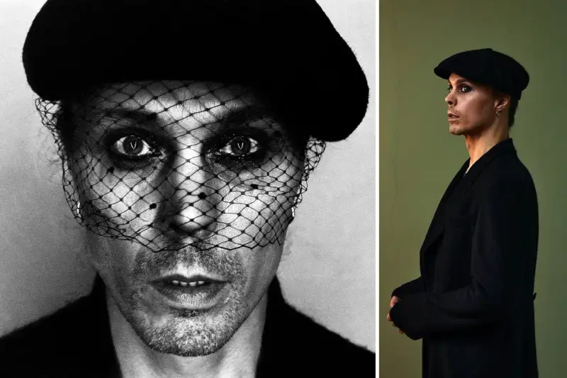 Dwie fotografie: zbliżenie na twarz him ville valo w woalce i beret, oraz postać w czarnym płaszczu i kaszkiecie.