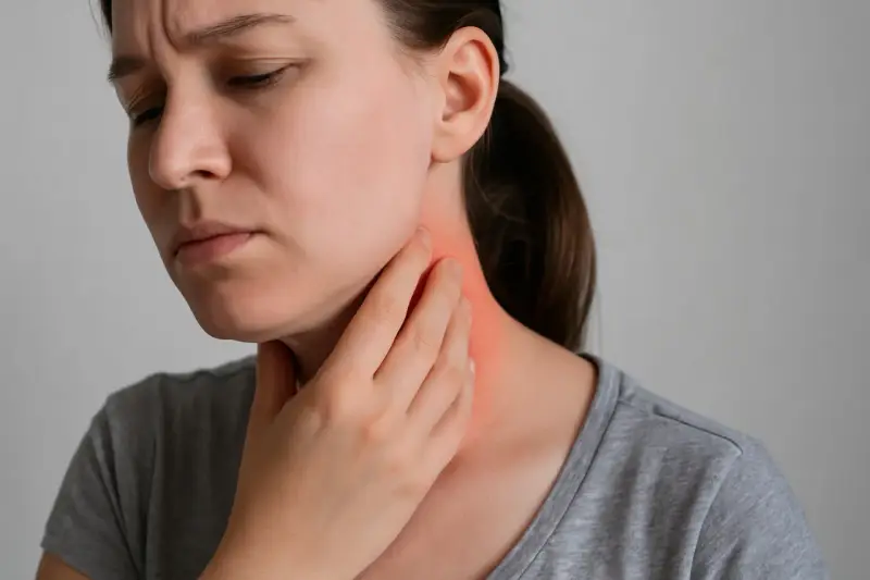 Donna con mano sul collo arrossato, prova dolore alla pelle che fa male sfiorandola.