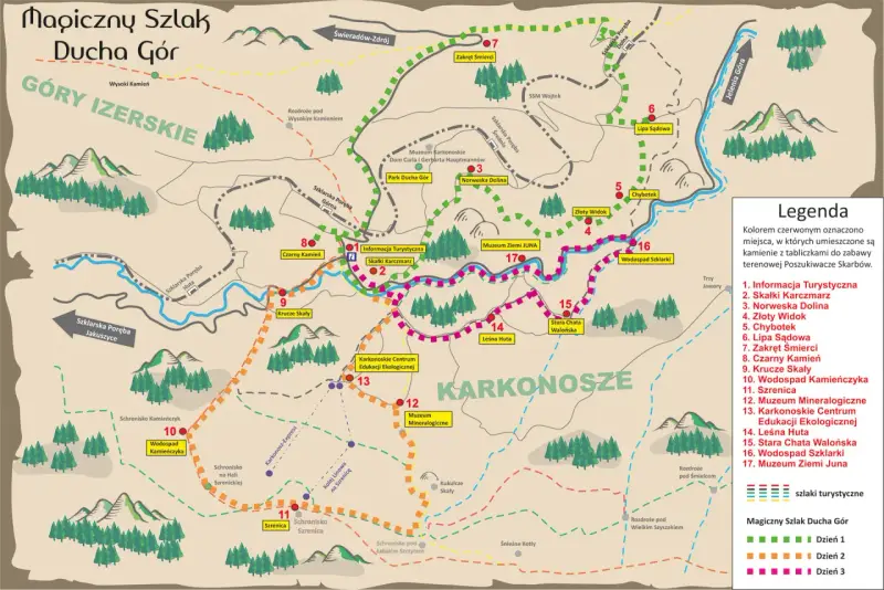 Mapa turystyczna "Magiczny Szlak Ducha Gór" z zaznaczonym szlakiem walońskim, prowadzącym przez Góry Izerskie i Karkonosze.
