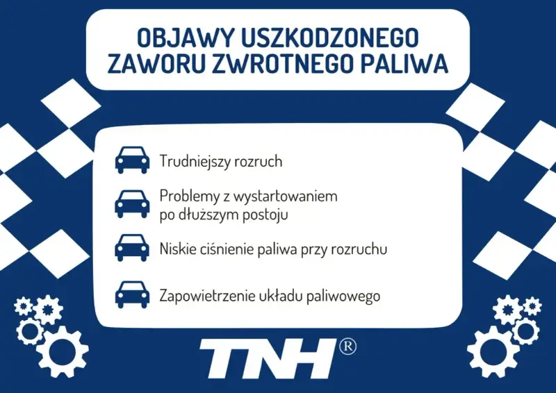 Objawy uszkodzonego zaworu zwrotnego paliwa: trudniejszy rozruch, problemy z odpalaniem po postoju, niskie ciśnienie paliwa, zapowietrzenie układu.