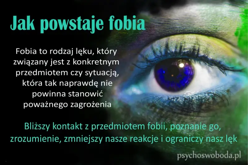 Oko z niebieską tęczówką, na którym widnieje tekst o tym, jak powstaje fobia. Fobia to lęk przed czymś, co nie stanowi zagrożenia.