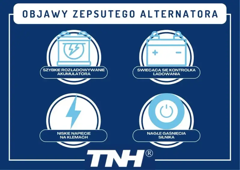 Objawy zepsutego alternatora: szybkie rozładowywanie akumulatora, kontrolka ładowania, niskie napięcie, nagłe gaśnięcie silnika.