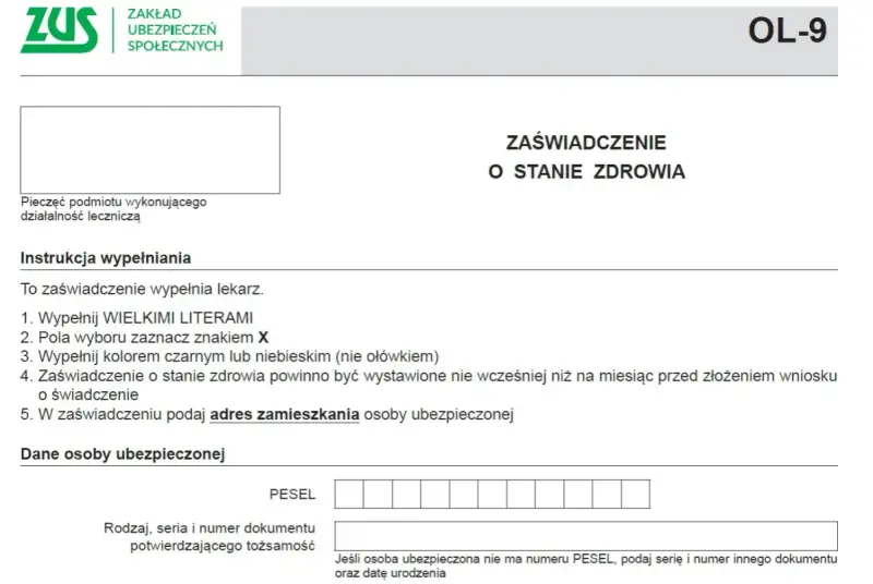 Formularz ZUS OL-9: zaświadczenie o stanie zdrowia, potrzebne do uzyskania orzeczenia o niepełnosprawności. Wypełnia lekarz.