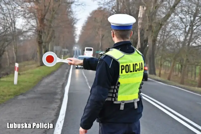 Policjant w kamizelce odblaskowej zatrzymuje ruch, by sprawdzić, ile promili ma kierowca.