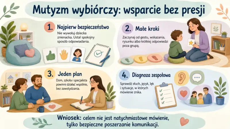 Ilustracja przedstawia cztery kroki wsparcia dla dzieci z mutyzmem wybiórczym: bezpieczeństwo, małe kroki, wspólny plan i diagnoza.