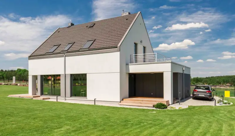 Modernes Haus mit großzügiger Dachterrasse, die viel Platz für Entspannung bietet. Die Traglast der Dachterrasse ist für viele Aktivitäten ausgelegt.
