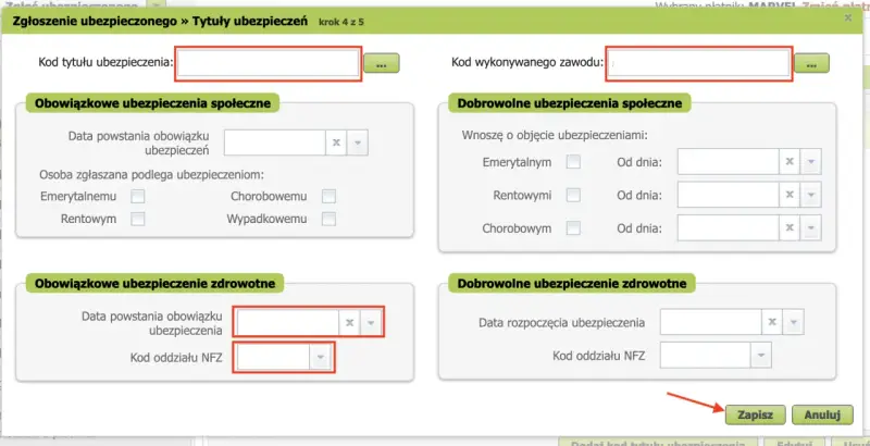 Formularz zgłoszenia ubezpieczonego. Wpisz kod tytułu ubezpieczenia i kod oddziału NFZ.