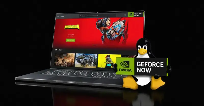 Tux z Linuksa trzyma tabliczkę GeForce NOW, obok laptopa z interfejsem NVIDIA GeForce NOW, prezentującym Borderlands 4.