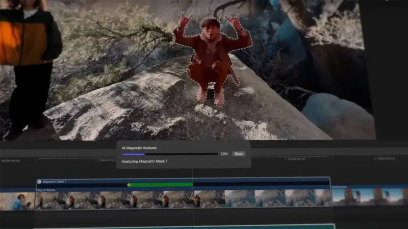 Edycja w Final Cut Pro: analiza maski AI dla postaci na skale.
