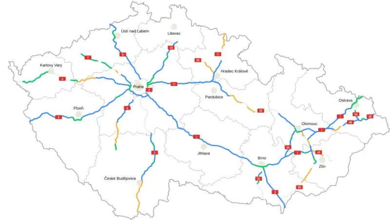 Mapa autostrad w Czechach z zaznaczonymi głównymi miastami i numerami dróg.