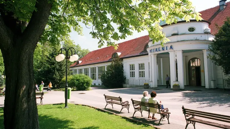Uzdrowiska na Dolnym Śląsku: Pijalnia wód w otoczeniu zieleni, z ławkami dla kuracjuszy.
