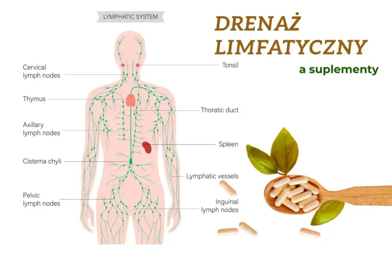 Ilustracja układu limfatycznego, pokazująca węzły chłonne i naczynia. Obok suplementy diety, które mogą pomóc jak pobudzić limfę.