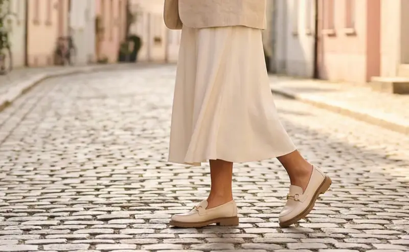 Eleganckie, beżowe mokasyny z ozdobnym złotym elementem to idealne modne buty na wiosnę.