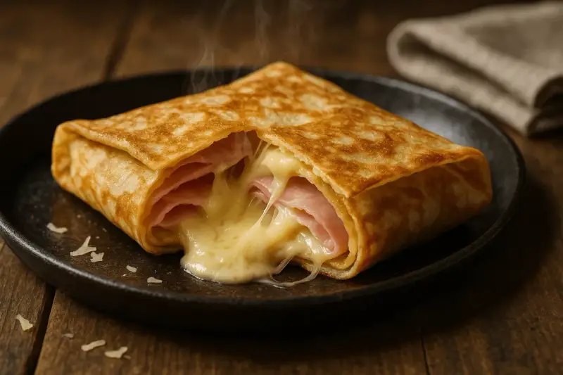 Un délicieux crepe au jambon et fromage fondant, fumant sur une assiette noire, prêt à être dégusté.