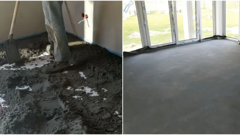 Praca nad wylewką: z jednej strony widać półsuchy beton na wylewkę, z drugiej gotową, gładką posadzkę.