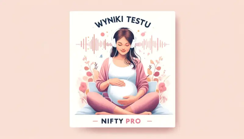 Nifty Pro: ciężarna kobieta w słuchawkach słucha wyników testu, otoczona kwiatami i falami dźwiękowymi.