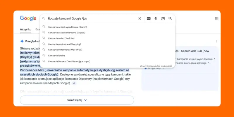 Wyszukiwarka Google pokazuje rodzaje kampanii Google Ads: Search, Display, YouTube, Shopping, Performance Max, lokalne i Demand Gen.