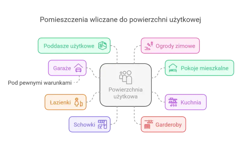 Diagram wyjaśnia, czy garaż wlicza się do powierzchni użytkowej, pokazując inne pomieszczenia jak kuchnia, łazienki, pokoje mieszkalne.