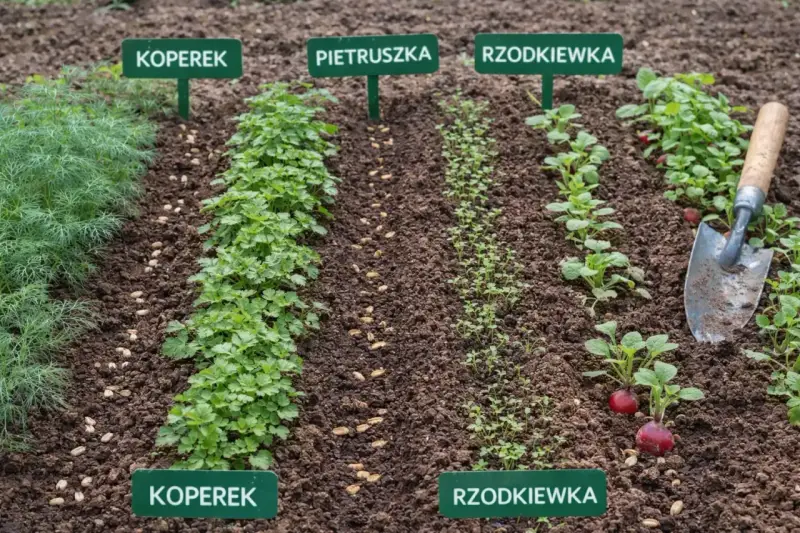 Rządki koperku, pietruszki i rzodkiewki w gruncie. Kiedy siać koper do gruntu? Wiosną, gdy minie ryzyko przymrozków.