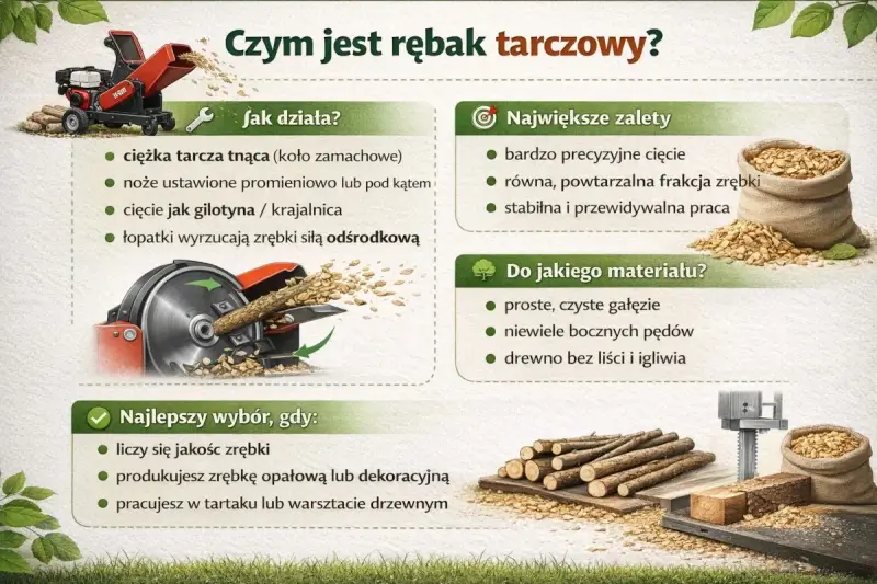 Budowa i działanie rębaka tarczowego: tarcza tnąca, noże, łopatki wyrzucające zrębki. Idealny do gałęzi, zapewnia precyzyjne cięcie.