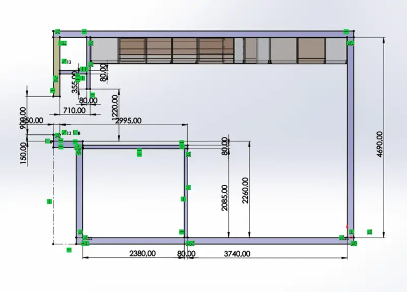 Projekt kuchni z wymiarami szafek. Widoczne linie pomocnicze i oznaczenia wymiarów w milimetrach, np. 4690,00 mm.